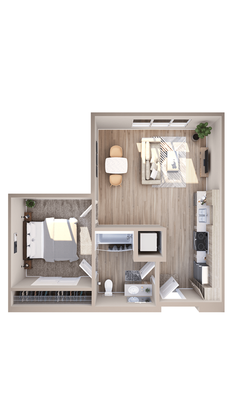 Floor plan for 1 bed, 1 bath, 618 sqft
